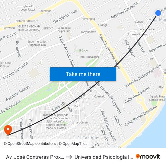 Av. José Contreras Prox. C/Padre Montesino to Universidad Psicología Industrial Dominicana map