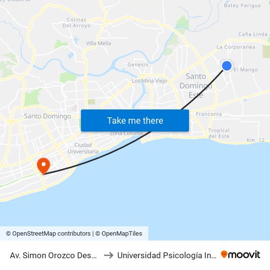 Av. Simon Orozco Desp. Av. Del Progreso to Universidad Psicología Industrial Dominicana map