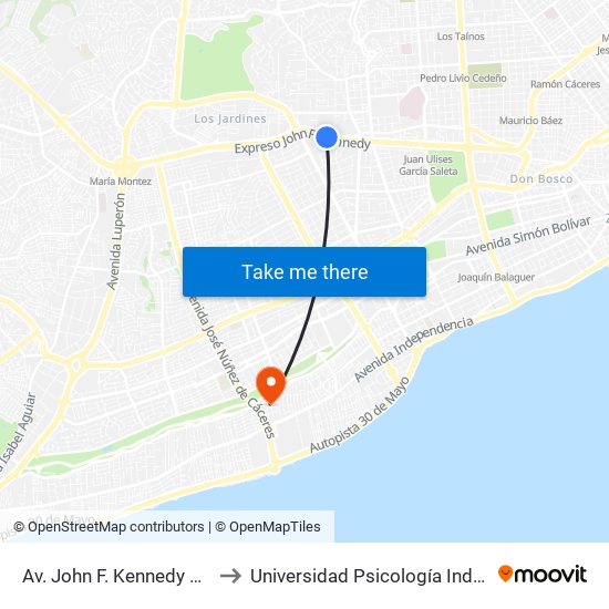 Av. John F. Kennedy Desp. C/Central to Universidad Psicología Industrial Dominicana map