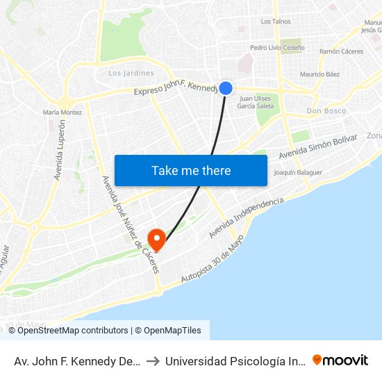 Av. John F. Kennedy Desp. Av. Tiradentes to Universidad Psicología Industrial Dominicana map