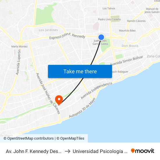 Av. John F. Kennedy Desp. Av. Ortega Y Gasset to Universidad Psicología Industrial Dominicana map