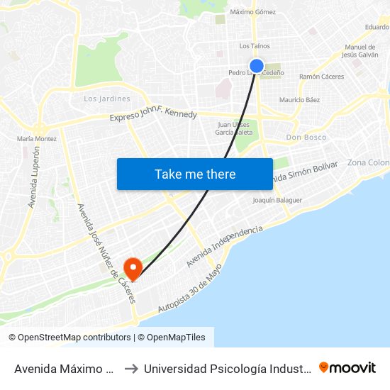 Avenida Máximo Gómez, 99 to Universidad Psicología Industrial Dominicana map