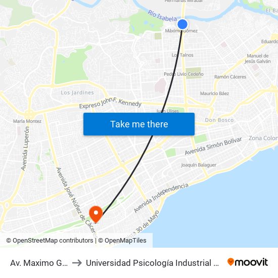 Av. Maximo Gomez to Universidad Psicología Industrial Dominicana map