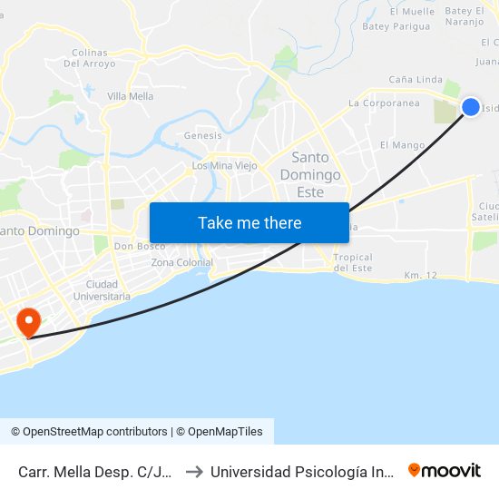 Carr. Mella Desp. C/Juan Pablo Duarte to Universidad Psicología Industrial Dominicana map