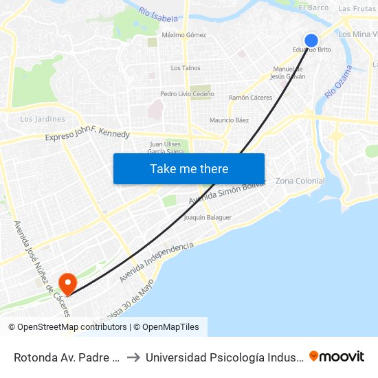 Rotonda Av. Padre Castellanos to Universidad Psicología Industrial Dominicana map