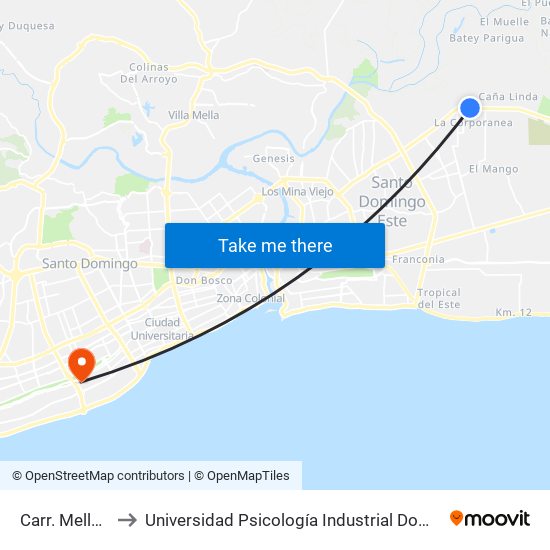 Carr. Mella 13 to Universidad Psicología Industrial Dominicana map