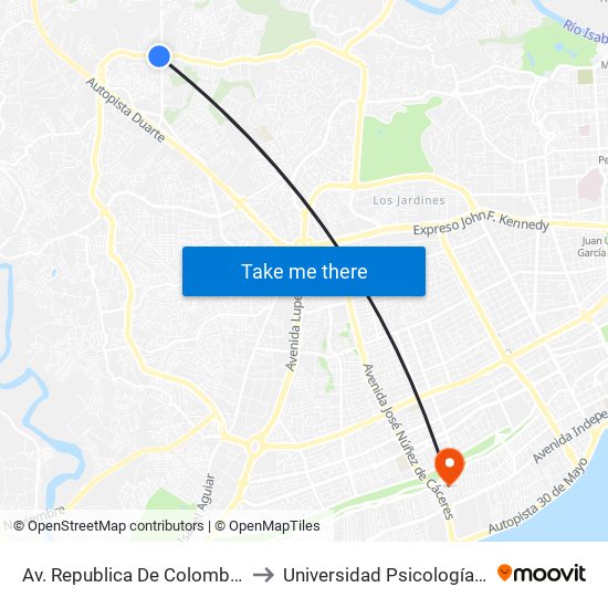 Av. Republica De Colombia Prox. Av. Monumental to Universidad Psicología Industrial Dominicana map