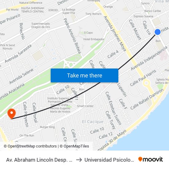 Av. Abraham Lincoln Desp. Av. Dr. Bernardo Correa Y Cidron to Universidad Psicología Industrial Dominicana map