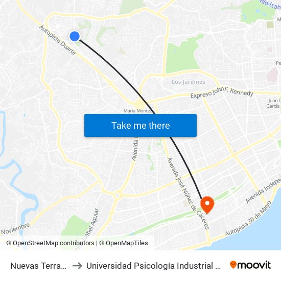 Nuevas Terrazas, 1 to Universidad Psicología Industrial Dominicana map