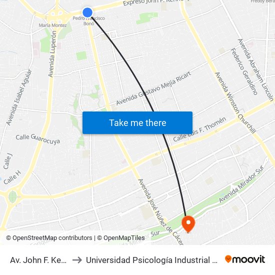 Av. John F. Kennedy to Universidad Psicología Industrial Dominicana map