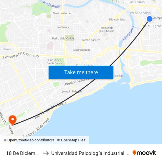 18 De Diciembre, 10 to Universidad Psicología Industrial Dominicana map