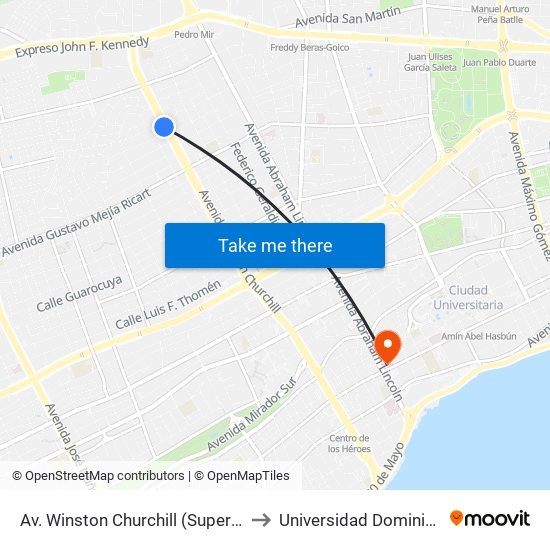 Av. Winston Churchill (Supermercados Bravo) to Universidad Dominico Americana map