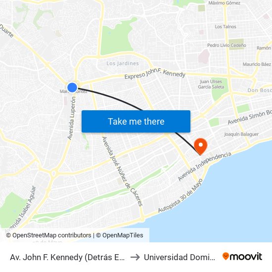Av. John F. Kennedy (Detrás Estación María Montez) to Universidad Dominico Americana map