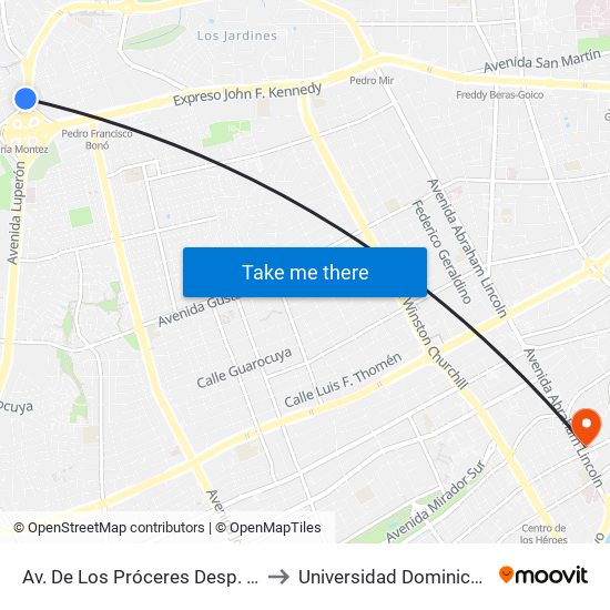 Av. De Los Próceres Desp. Resp. Luperon to Universidad Dominico Americana map