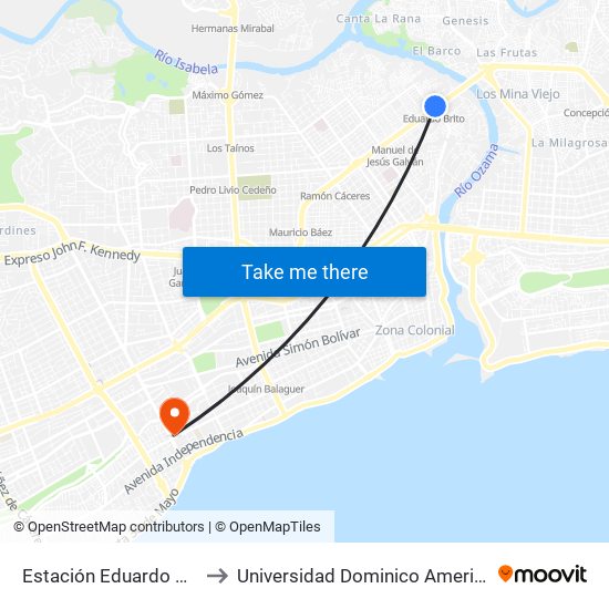 Estación Eduardo Brito to Universidad Dominico Americana map