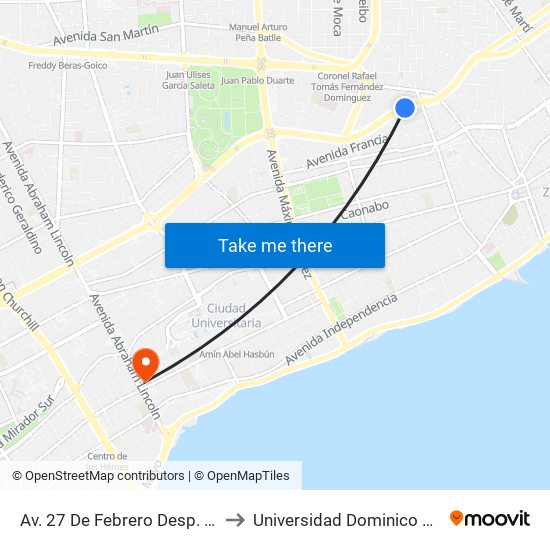 Av. 27 De Febrero Desp. C/Jaragua to Universidad Dominico Americana map