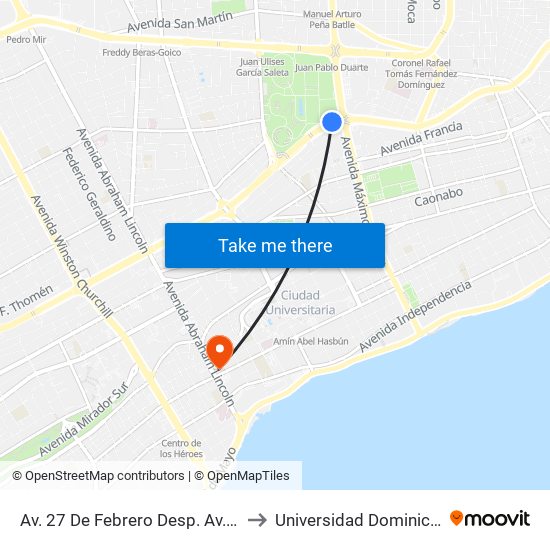 Av. 27 De Febrero Desp. Av. Máximo Gómez to Universidad Dominico Americana map