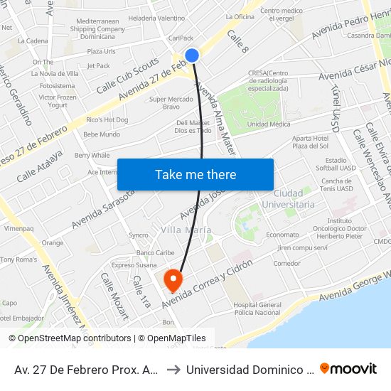 Av. 27 De Febrero Prox. Av. Tiradentes to Universidad Dominico Americana map