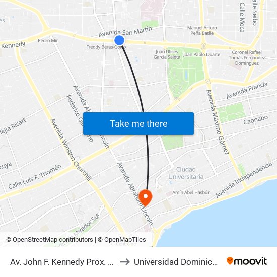 Av. John F. Kennedy Prox. Av. Tiradentes to Universidad Dominico Americana map