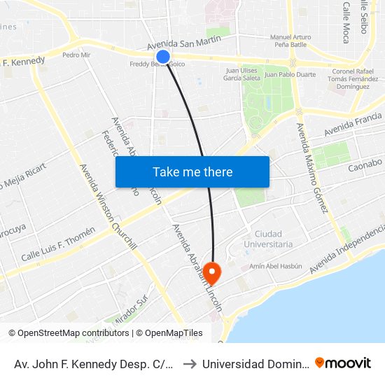 Av. John F. Kennedy Desp. C/Prol. Siervas De María to Universidad Dominico Americana map