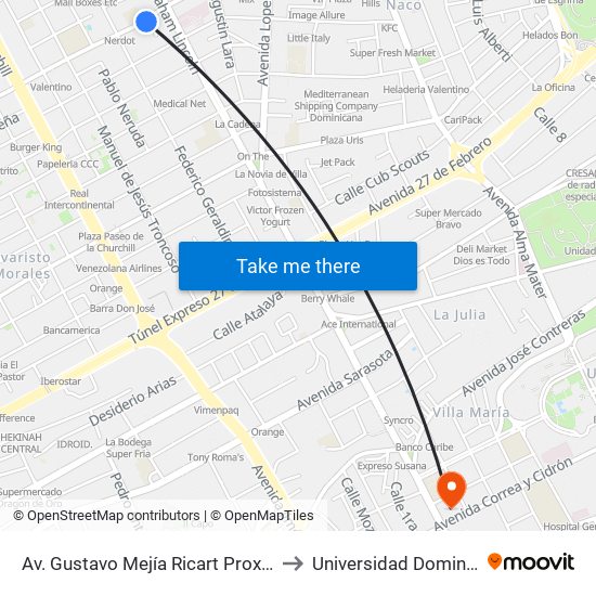 Av. Gustavo Mejía Ricart Prox Av. Abraham Lincoln to Universidad Dominico Americana map