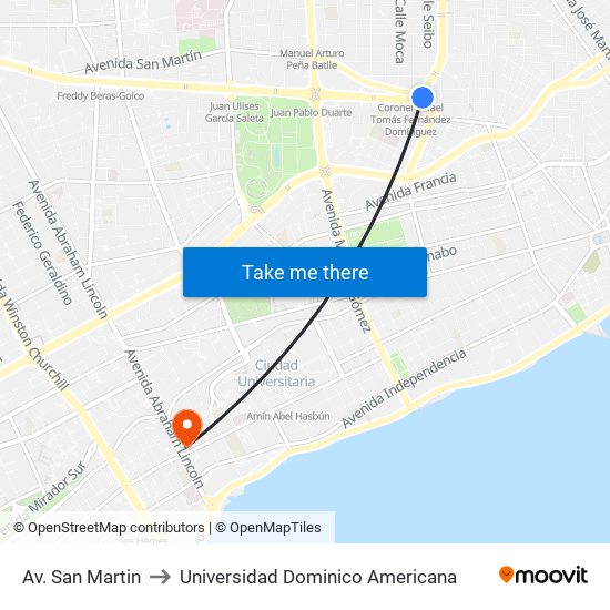 Av. San Martin to Universidad Dominico Americana map