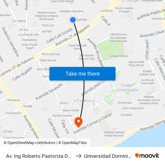 Av. Ing Roberto Pastoriza Desp. Av. Tiradentes to Universidad Dominico Americana map