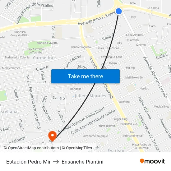 Estación Pedro Mir to Ensanche Piantini map