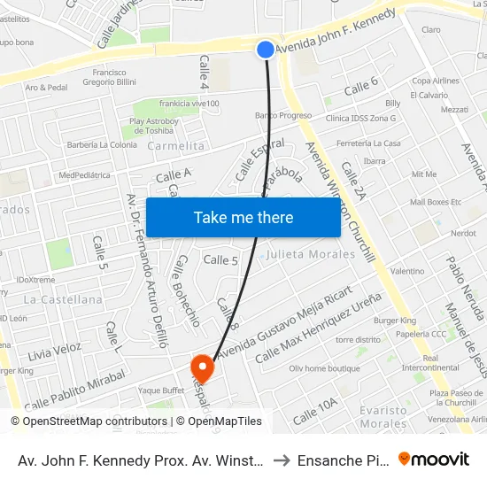 Av. John F. Kennedy Prox. Av. Winston Churchill to Ensanche Piantini map