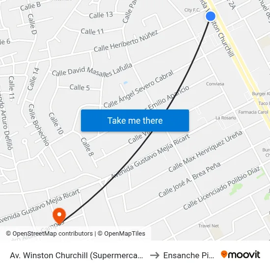Av. Winston Churchill (Supermercados Bravo) to Ensanche Piantini map