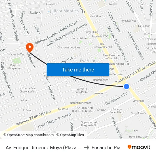 Av. Enrique Jiménez Moya (Plaza Lama) to Ensanche Piantini map