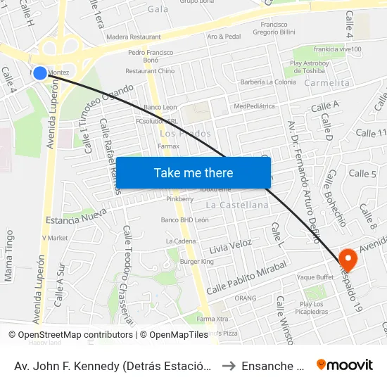 Av. John F. Kennedy (Detrás Estación María Montez) to Ensanche Piantini map