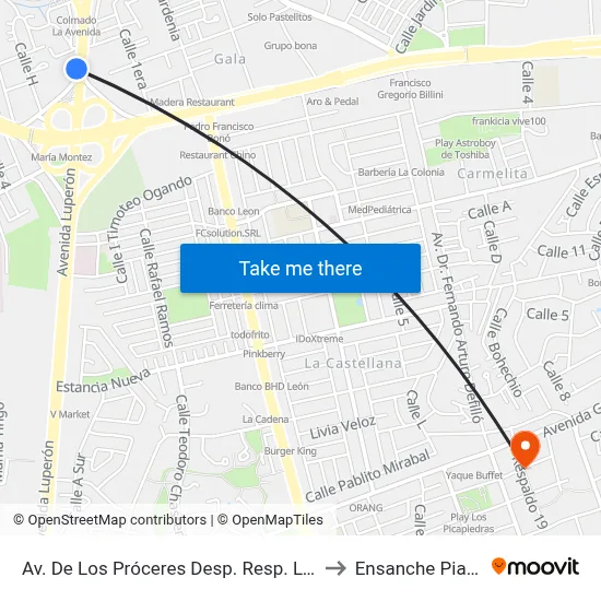 Av. De Los Próceres Desp. Resp. Luperon to Ensanche Piantini map