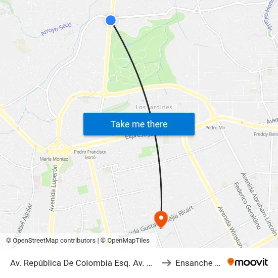 Av. República De Colombia Esq. Av. Carlos Perez Ricart to Ensanche Piantini map