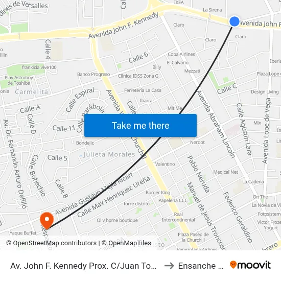 Av. John F. Kennedy Prox. C/Juan Tomas Mejia Y Cortes to Ensanche Piantini map