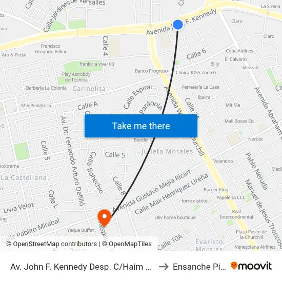 Av. John F. Kennedy Desp. C/Haim Lopez Penha to Ensanche Piantini map