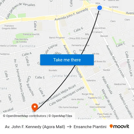 Av. John F. Kennedy (Agora Mall) to Ensanche Piantini map