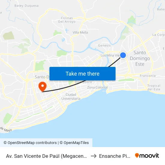 Av. San Vicente De Paúl (Megacentro Plaza) to Ensanche Piantini map