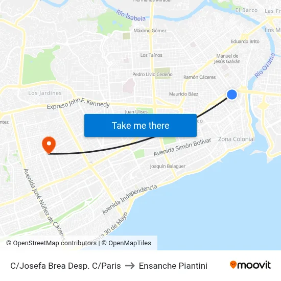 C/Josefa Brea Desp. C/Paris to Ensanche Piantini map