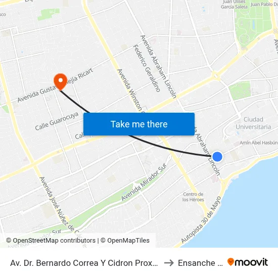 Av. Dr. Bernardo Correa Y Cidron Prox. Av. Abraham Lincoln to Ensanche Piantini map