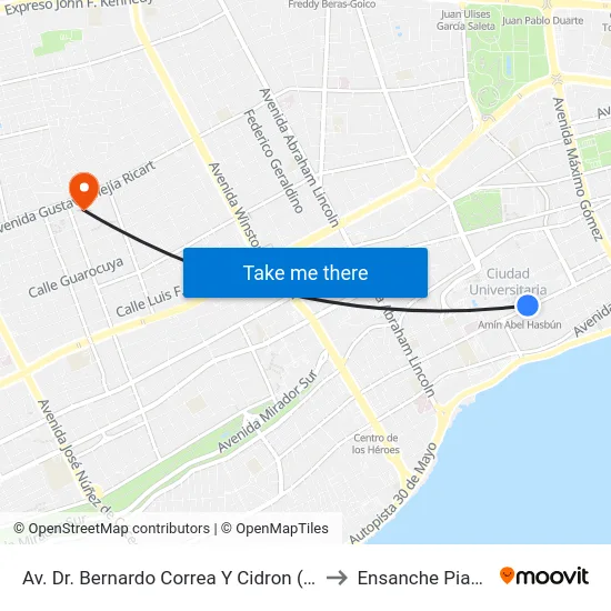 Av. Dr. Bernardo Correa Y Cidron (Uasd) to Ensanche Piantini map