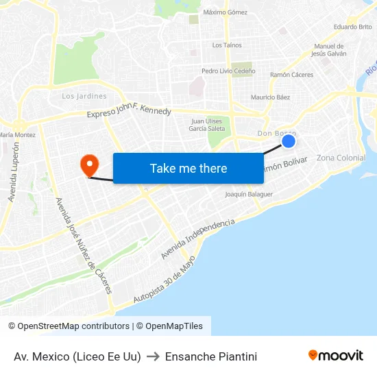 Av. Mexico (Liceo Ee Uu) to Ensanche Piantini map