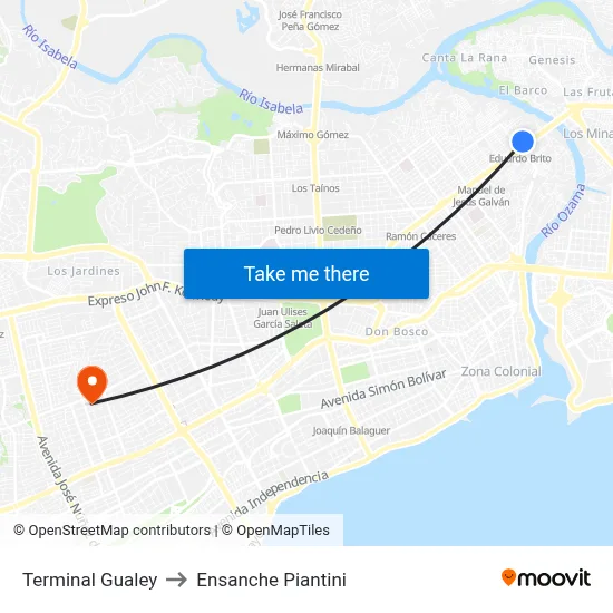 Terminal Gualey to Ensanche Piantini map