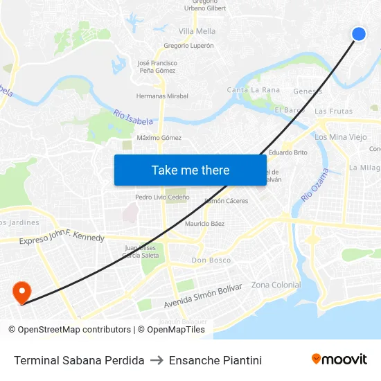 Terminal Sabana Perdida to Ensanche Piantini map