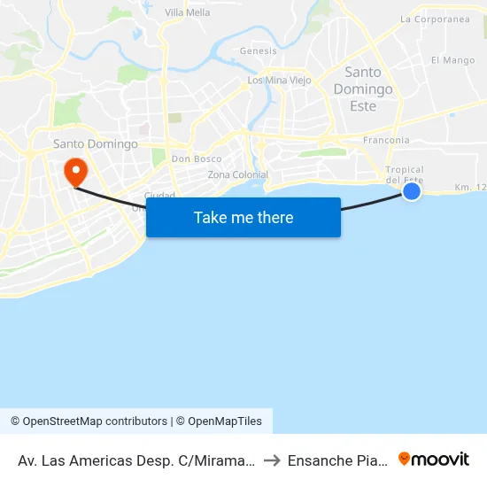 Av. Las Americas Desp. C/Miramar Norte to Ensanche Piantini map