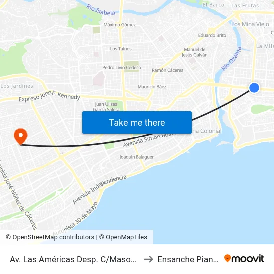 Av. Las Américas Desp. C/Masonería to Ensanche Piantini map