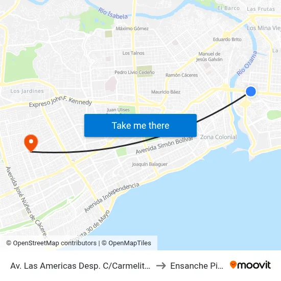 Av. Las Americas Desp. C/Carmelitas Teresas to Ensanche Piantini map