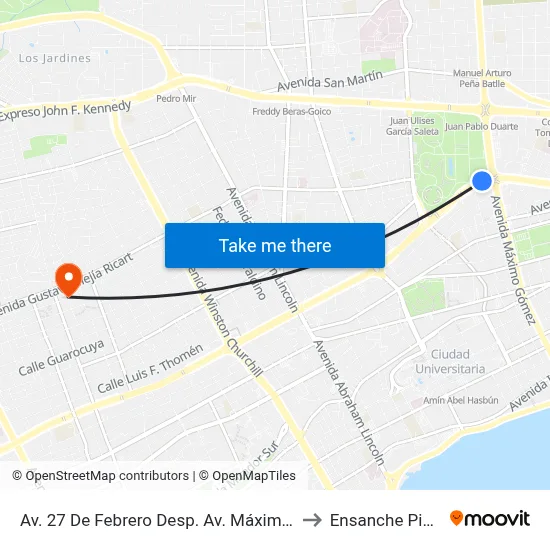 Av. 27 De Febrero Desp. Av. Máximo Gómez to Ensanche Piantini map