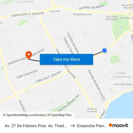 Av. 27 De Febrero Prox. Av. Tiradentes to Ensanche Piantini map
