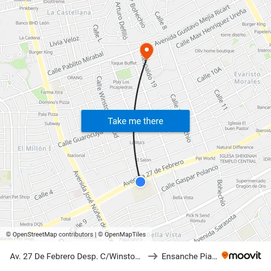 Av. 27 De Febrero Desp. C/Winston Arnaud to Ensanche Piantini map